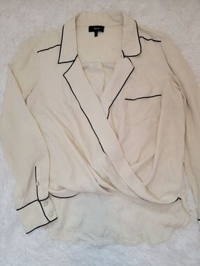 Theory 100% Silk Cream Wrap Blouse with Black Trim. Floral Embroidery. Medium
